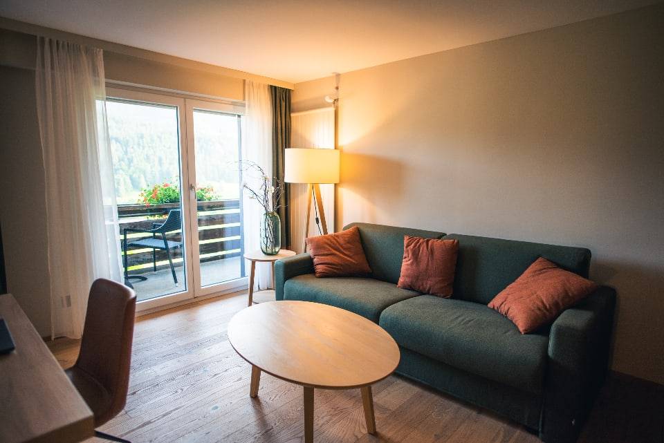 Bright living room with large sliding glass windows