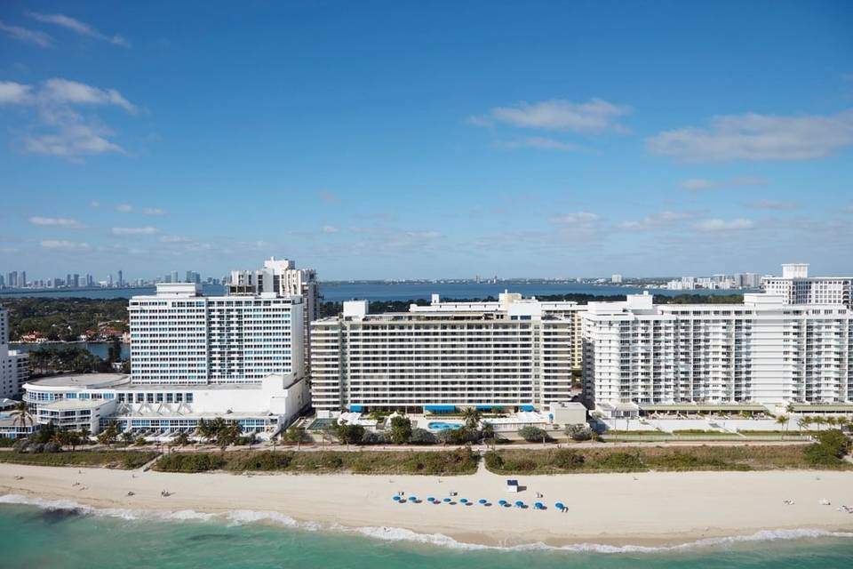 Aerial view of oceanfront condominium buildings in Miami Beach