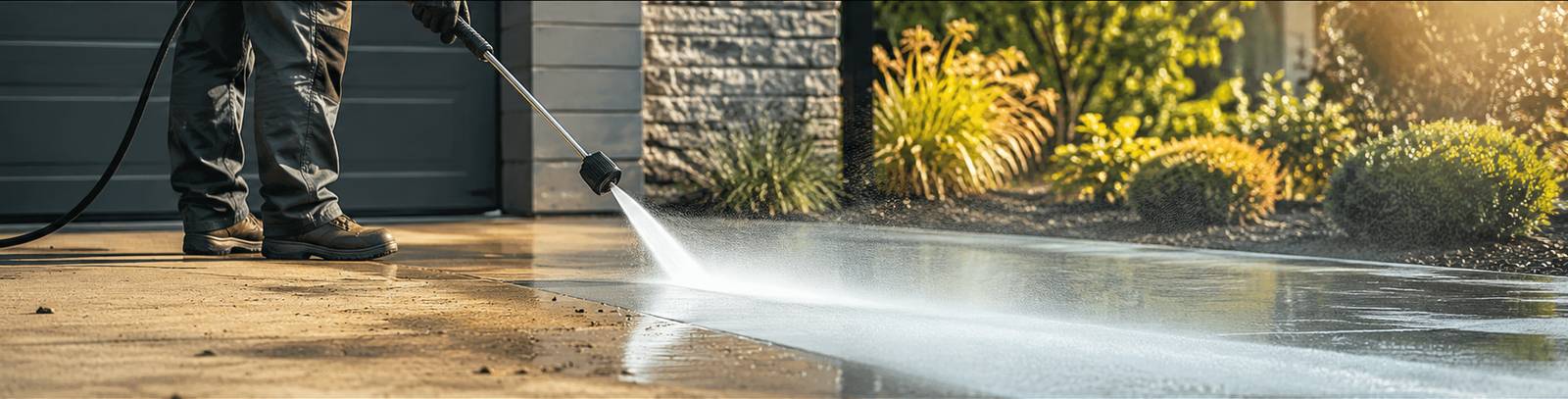 Driveway pressure washing in progress
